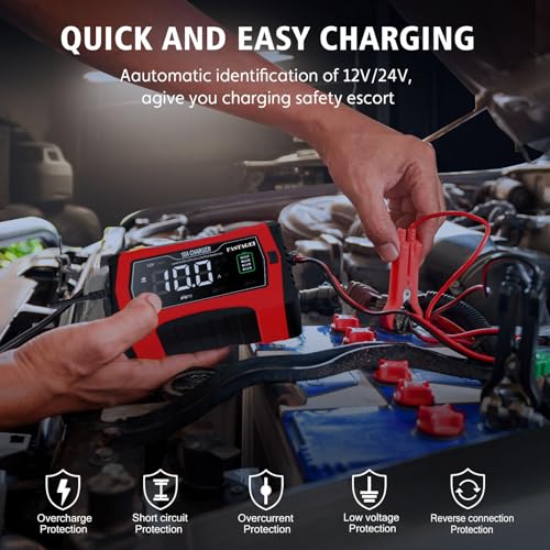 Lithium/LiFePO4/Lead Acid Battery Charger Smart Battery Trickle Charger 12V/24V 10A/5A Automotive Battery Maintainer Desulfator Temp Compensation for Car Truck Motorcycle Lawn Mower Marine RV