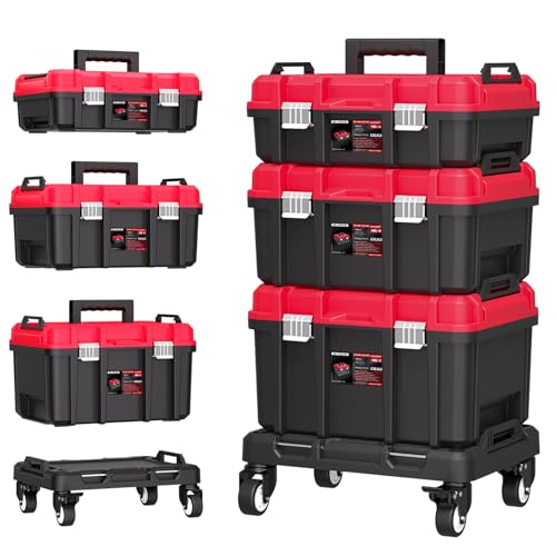 3-in-1 Rolling Tool Box with Wheels,Stackable Modular Tool Organizer System,17" Portable Waterproof Toolbox on Wheels for Garage,Mechanics and Home Repair (Red-Black)