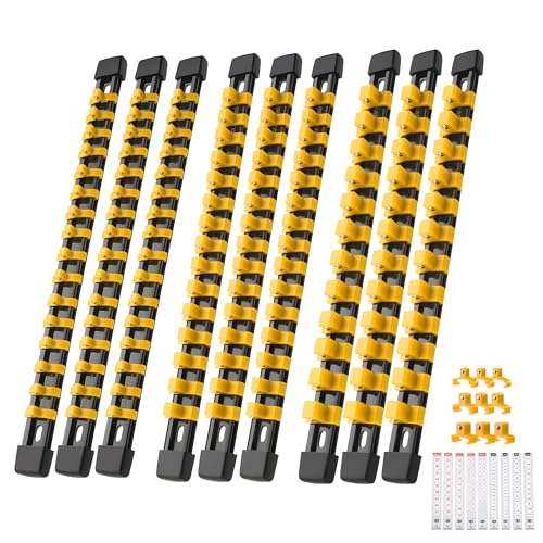 Reniteco 9-Pack Socket Organizer Set, 1/4" x 48 3/8" x 45 1/2" x 36 Clips | 129 Clip Capacity, Havy-Duty ABS Socket Rails, Removable Clips, Drive Socket Storage, Toolbox Drawer or Wall Mount - color: Yellow, size: 9 Pcs