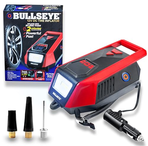 Bullseye 12V DC Car Tire Inflator Portable Air Compressor - Rapid 2 Minute Inflation, Auto Shut-Off, Max 150 PSI, Easy Cord Storage, Digital Pressure Gauge, LED Display - (Red) - As Seen on TV - color: Red