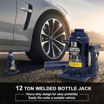12 Ton Hydraulic Bottle Jack, 24,000 LBS Heavy Duty Steel Auto Lift with Long Handle, Leak-Free Hydraulic Pump, Portable Car Jack for Truck, SUV, RV, and Garage Repair, Blue