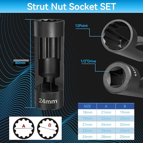 Suspension Strut Socket Tool,5PC Strut Nut Socket 18mm 19mm 21mm 22mm 24mm with 12 Point 1/2" Drive, Easy Remove Strut Nuts - color: 5pc 18/19/21/22/24mm