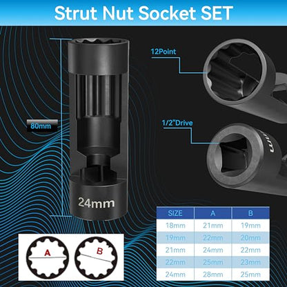 Suspension Strut Socket Tool,5PC Strut Nut Socket 18mm 19mm 21mm 22mm 24mm with 12 Point 1/2" Drive, Easy Remove Strut Nuts - color: 5pc 18/19/21/22/24mm