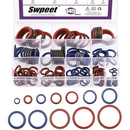 Swpeet 145Pcs 12Sizes 2Colors Self-Centred Dowty Seal Gasket O Ring Kit, Bonded Seal Washer NBR Metric Metal Oil Drain Plug Gasket Kit for Automotive M6 M8 M10 M12 M14 M16 M18 M20 M22 M24 M27 M30