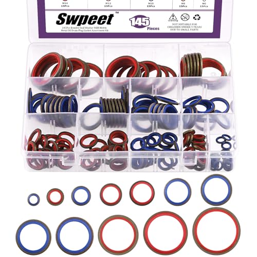 Swpeet 145Pcs 12Sizes 2Colors Self-Centred Dowty Seal Gasket O Ring Kit, Bonded Seal Washer NBR Metric Metal Oil Drain Plug Gasket Kit for Automotive M6 M8 M10 M12 M14 M16 M18 M20 M22 M24 M27 M30