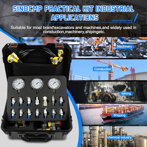 Hydraulic Pressure 3 Gauges(25/40/60MPa) Test Kit with 4 Test Hoses & 14 Straight Connectors & 19 Tee Connectors for Construction Machinery Excavator(Black) - size: Black 3 Gauges 14 Connectors 19 Tee Connectors