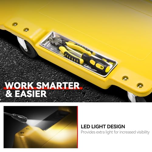 Auto Dynasty 40 Inches Mechanic Creeper, Automotive Garage Repair Low Profile Under Car Rolling Creeper with LED Light and Padded Headrest, Plastic, Yellow - color: Yellow, size: 40" L (w/LED Light)