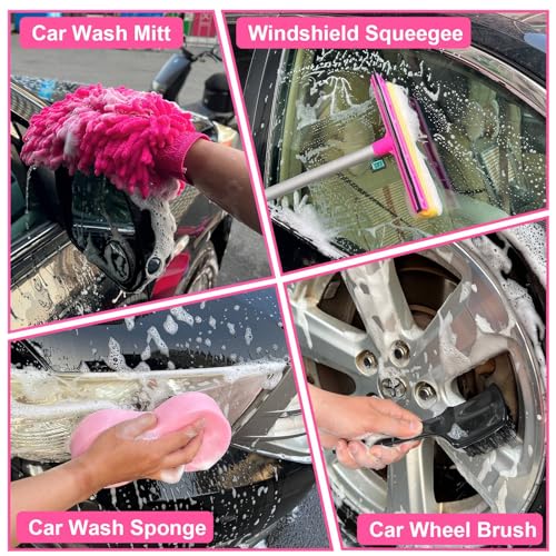 Pink 62" Car Wash Brush with Long Handle,Chenille Microfiber Car Wash Mop Sponge Mitt ,Windshield Window Squeegee,Wheel Brush,Car Detailing Brushes,Car Duster,Towel,Car Cleaning Kit for Cars RV Truck