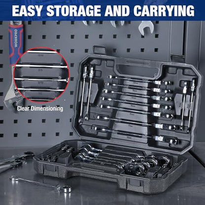 WORKPRO 22-Piece Ratcheting Wrench Set, Flex-Head Ratchet Combination Wrench Sets with Organizer Box, 72 Teeth, Metric 6-18mm & SAE 1/4-3/4" - style: Flex-head & Polished