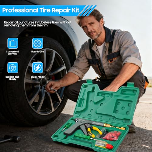 Tubeless Tire Gun Puncture Repair Kit with Mushroom Plug (Gun Puncture kit 16 Plugs, Green) for Tyre Punctures and Flats on Cars, Motorcycles, ATV, Trucks & Tractors - color: green