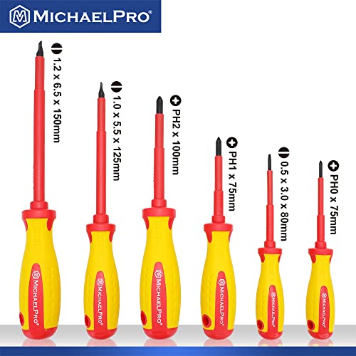 MichaelPro 6-Piece 1000V VDE Insulated Screwdriver Set, Electrician Tools, Slotted and Phillips Screwdrivers with Magnetic Tips, CR-MO Steel, 10,000V Tested and Certified for Electrician Safety - size: 6-Piece Phillips and Slotted Screwdrivers