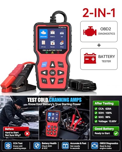 Easy to Use 2-in-1 OBD2 Scanner with Battery Tester: 1S Read & Clear Check Engine Codes + Test Battery in Mins - DIY Car Diagnostic Tool with Cold Cranking Amps for Pre-Trip Safety on 1996+ Vehicles