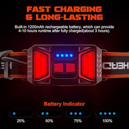 Hopedone 2 Packs Rechargeable Headlamp, 230°Wide-Angle 1000 Lumens Headlamp Flashlight with Red Taillight 3 Light Modes Lightweight LED Head Lamp Adjustable Waterproof Head Light for Running Cycling - color: Orange(2-Pack)