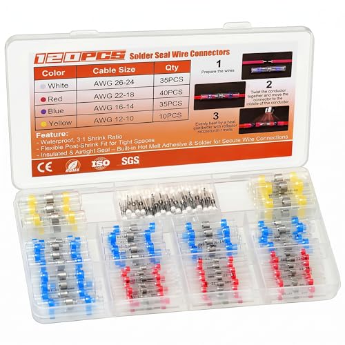 120PCS Solder Seal Wire Connectors Heat Shrink Butt Connectors Kit | Waterproof Heat Shrink Electrical Terminals, Insulated Solderless Wiring Splice Connectors for Marine, Automotive Boat Truck