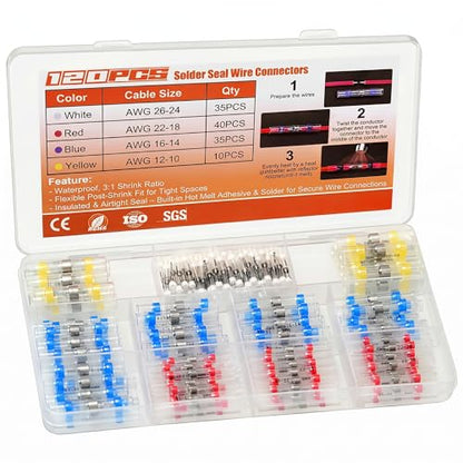 120PCS Solder Seal Wire Connectors Heat Shrink Butt Connectors Kit | Waterproof Heat Shrink Electrical Terminals, Insulated Solderless Wiring Splice Connectors for Marine, Automotive Boat Truck