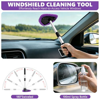 Windshield Cleaning Tool, 13PCS Car Detailing Kit Interior Cleaner, Car Window Cleaner with Extendable Handle, Car Interior Cleaning Kit with Detailing Brushes for Women Men (Purple) - color: purple