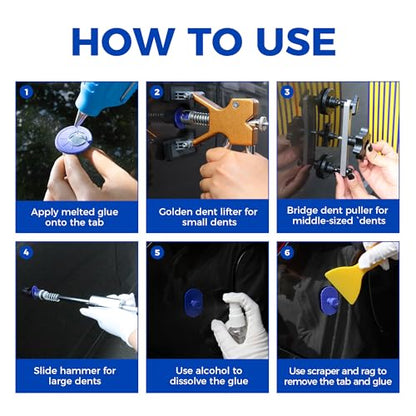 Car Dent Puller Kit,93 PCS Dent Repair Tool,Paintless Dent Removal with Golden Lifter,Bridge Puller,Slide Hammer 2 in 1 T-Bar for Auto Body Dents,Repairing Big and Small Dents, Dings and Hail Damage - style: 93PCS