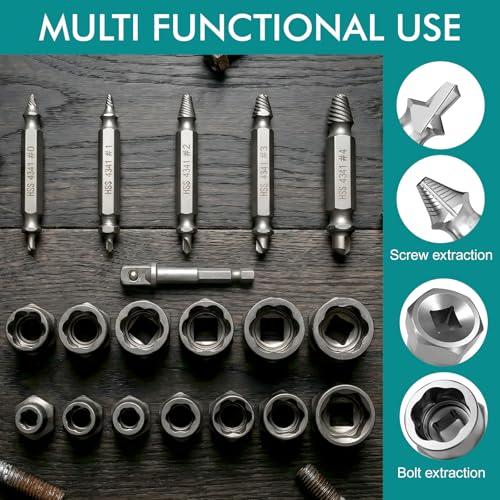 19pcs Bolt Extractor & Screw Extractor Set for Rusted, Stripped, Frozen Broken Screws, Bolts, Nuts Solution for DIY Auto Repair & Home Improvement