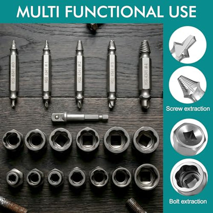 19pcs Bolt Extractor & Screw Extractor Set for Rusted, Stripped, Frozen Broken Screws, Bolts, Nuts Solution for DIY Auto Repair & Home Improvement