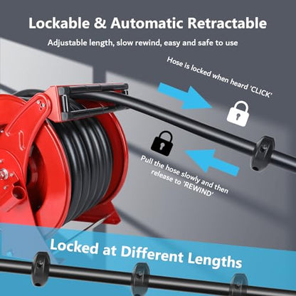 1“ x 50ft Diesel Fuel Hose Reel Retractable with Fuel Nozzle, 1 Inch Fuel Transfer Pump Hose, Auto Swivel Rewind, Max 300 PSI Tank Hose, Easy Use for Farms Boat Truck Bed Trailer Cart - color: Red, size: 1" x 50ft