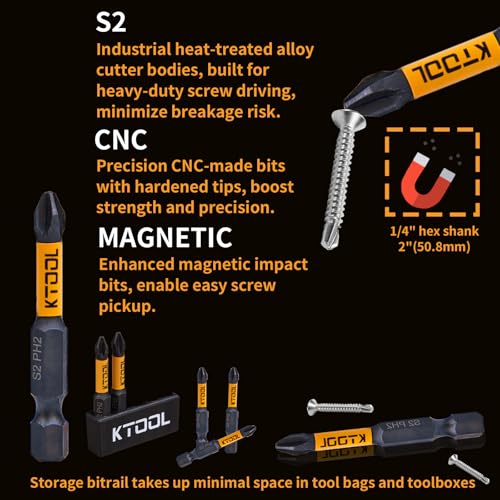 Impact Driver Bit Set 5 Pack 2 Inch Phillips Bits #2 Impact Bits, CNC Machined Shockproof Screwdriver Bit Set, Magnetic S2 Steel, Heavy Duty Torsion Design Power Bits with Hex Bit Holder Rack - style: 2"-PH2-5PCS