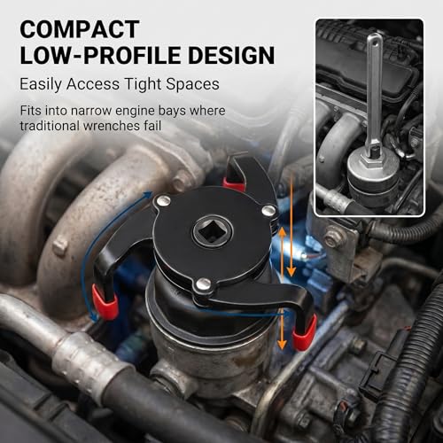 3 Jaw Oil Filter Wrench, Anti-slip One-way Adjustable Oil Filter Removal Tool, Universal 1/4" to 3/8" Drive Adapter for Car and Motorcycle Maintenance (Black)