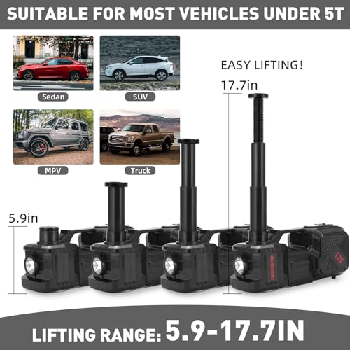 Trihelper Electric Car Jack 5 Ton Hydraulic Jack, Impact Wrench, Tire Pump | Lift Range 5.9-17.7in, 350 N·m Torque, 35L/min Pump, 150 PSI Gauge, Fits Sedan SUV MPV Truck, Built-In Headlight - color: Black+Wrench