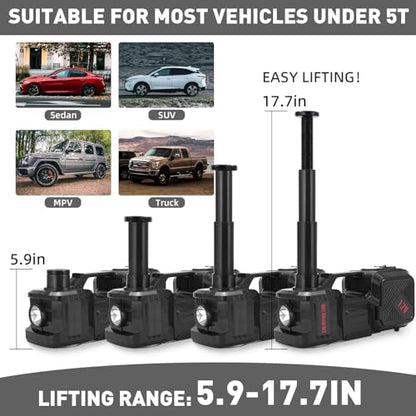 Trihelper Electric Car Jack 5 Ton Hydraulic Jack, Impact Wrench, Tire Pump | Lift Range 5.9-17.7in, 350 N·m Torque, 35L/min Pump, 150 PSI Gauge, Fits Sedan SUV MPV Truck, Built-In Headlight - color: Black+Wrench