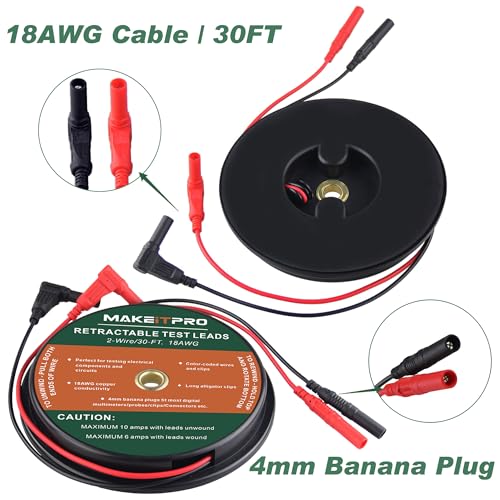 2 Wires 30FT 18AWG Retractable Test Leads with Cable Bag | Dual Ended Electrical Alligator Clips Test Probe Lead Wire Cables for Circuit Connection/Electrical Testing Troubleshooting