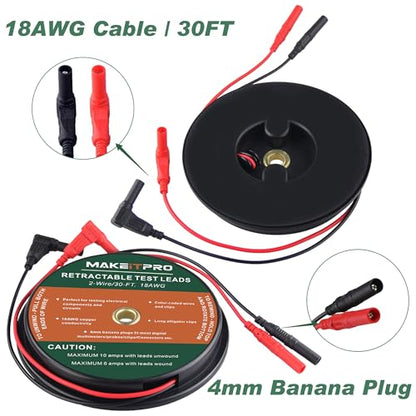 2 Wires 30FT 18AWG Retractable Test Leads with Cable Bag | Dual Ended Electrical Alligator Clips Test Probe Lead Wire Cables for Circuit Connection/Electrical Testing Troubleshooting