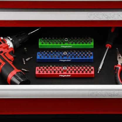 Mayouko 3PCS 1/4" Magnetic Hex Bit Holder Rack Organizer, 129 Holes, 1/4-Inch Drill Bit Holder, 3 Racks, Magnetic Bit Holder with Magnet Base for Screwdriver Bits - color: Red,blue,green