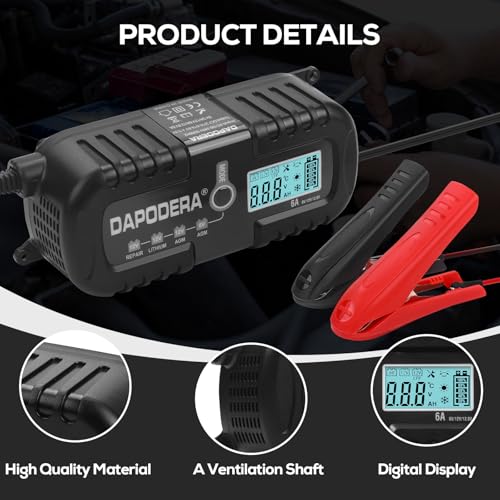 Car Battery Charger, 12V 6A Smart Battery Trickle Charger Automotive 12V Battery Maintainer Desulfator with Temperature Compensation for Car Motorcycle Mower Marine Lead Acid Batteries