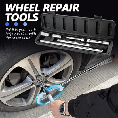 Extended Lug Nut Removal Tool Kit with 4 Way Lug Wrench,23" Telescopic Tire Iron Lug Wrench with 2 Standard Sockets(17,19,21,23mm) and Case,Portable Lug Nut Wrench for Most Vehicles