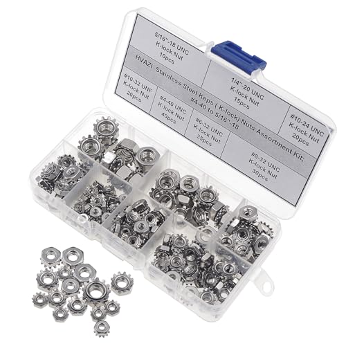 170PCS #4-40 to 5/16"-18 SAE Stainless Steel Keps K-Lock Hex Nut Kit | 304 Stainless Hex Nuts with 420 Steel Lock/Tooth Washers, UNC & UNF Anti-Vibration Fastener Set w/ Box