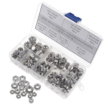 170PCS #4-40 to 5/16"-18 SAE Stainless Steel Keps K-Lock Hex Nut Kit | 304 Stainless Hex Nuts with 420 Steel Lock/Tooth Washers, UNC & UNF Anti-Vibration Fastener Set w/ Box