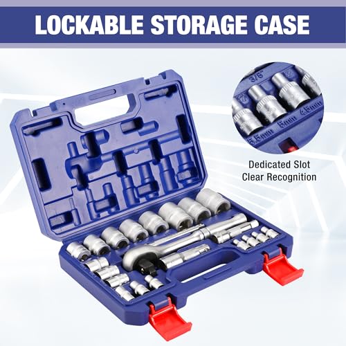 WORKPRO 22-Piece Socket Set with 3-in-1 Ratchet Handle, 1/4, 3/8, 1/2 Inch Drive Socket Wrench, CR-V Metric Socket Set, Extension Bars, Storage Box Included, Mechanics Tool Sets for Auto Repairing