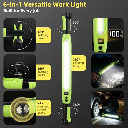2 Pack Rechargeable LED Work Light, 3000LM Portable Mechanic Light with Magnetic Base, Hanging Hooks & Clamps, 4 Modes Under Hood Work Light with Red SOS for Car Repair, Garage