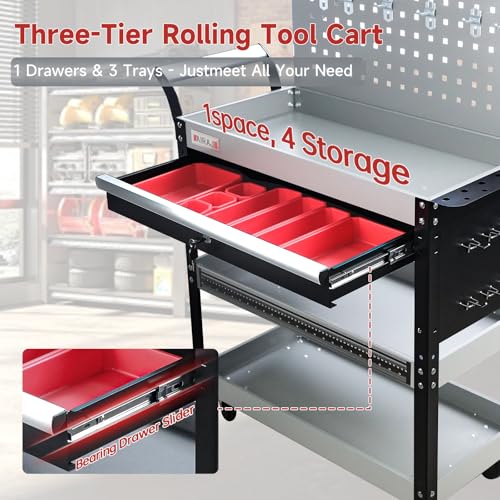 AIRAJ 3-Tier Rolling Tool Cart on Wheel,440LBS Heavy Duty Tool Storage Cart | Metal Rolling Tool Cart with 360° Casters,Lockable Drawer&Pegboard,Industrial Tool Organizer Cart with Trays&Hooks for Garage