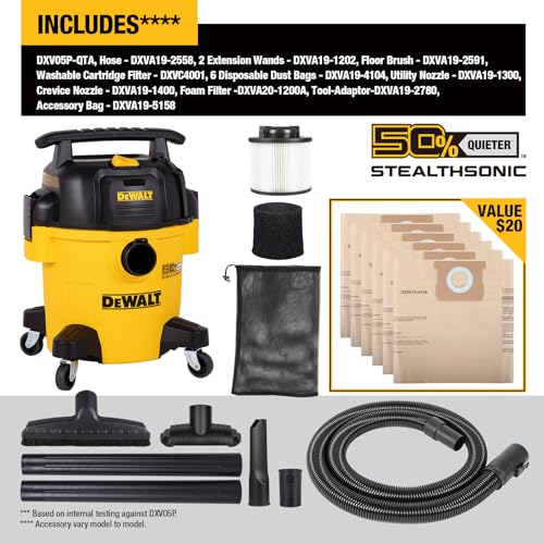 DEWALT Stealthsonic Shop Vac 5 Gal 4 Peak HP Shop Vacuum Wet and Dry | Ultra-Quiet Vacuum Cleaner with Complete Accessory Kit and 6 Dust Bages, Ideal for Home, Jobsite, Workshop&Garage, DXV05P-QTA