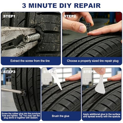 42Pcs Tire Repair Plugs Screws with 2 Tube Sealant &Screwdriver | 3 Sizes Fast Self-Sealing Tire Repair Rubber Plug Nail Kit, Car Motorcycle Truck ATV, Quick Fix Screw-in Tire Glue