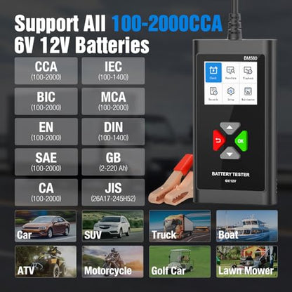 JDIAG Battery Load Tester 6V 12V Car Battery Tester 100-2000CCA Automotive Battery Tester Alternator Analyzer for Standard Test/Cranking/Charging/Loading Test BM580