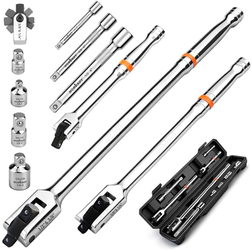 HORUSDY 10-Piece Dual-Drive Breaker Bar Set, Heavy-Duty Torque Kit with 360° Rotatable Head, Premium Cr-V Steel, Spring-loaded Detent Ball, Extension Bars & Socket Adapters, Durable Storage Case - style: 10-Piece Dual-Drive