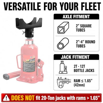 2-in-1 Bottle Jack Adapter with Triple-Lock for 3"/4" Round & 2" Square Axle Tubes - Universal Wobble-Free Fit for 2T-12T Bottle Jacks, Heavy Duty 1/4" Steel Saddle for RV, Truck, Trailer - color: Black