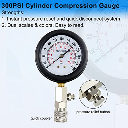 JoyFans 0-300 PSI Compression Tester Automotive Tool, Petrol Gas Engine Cylinder Pressure Test Kit with Gauge Adapter M10 M12 M14 M18 for Small Engine Cars Motorcycles Trucks SUVs Black - color: Black