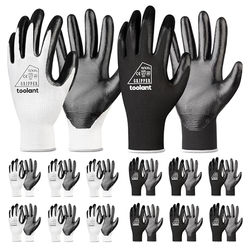 toolant Nitrile Coating Work Gloves for Men, Superior Oil Resistance, Safety Work Gloves with Grip, Touch Screen - color: White&black (12 Pairs), size: XX-Large