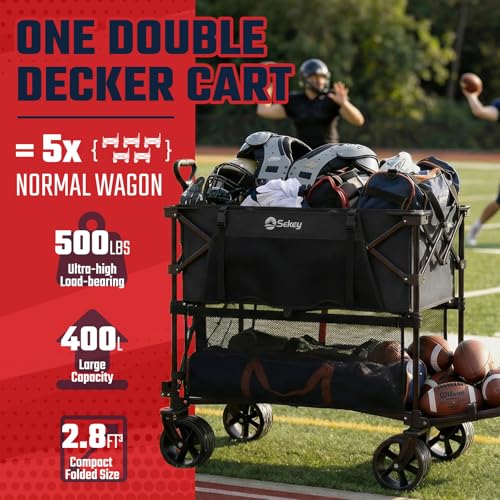 Sekey 500LBS Heavy Duty Double Decker Wagon with Extender, 400L Large Capacity Collapsible Garden Cart Fits 10x10 Canopy, All-Terrain Big Wheels with Brakes, Foldable Utility Wagon for Sports, Camping - color: Carbon Black