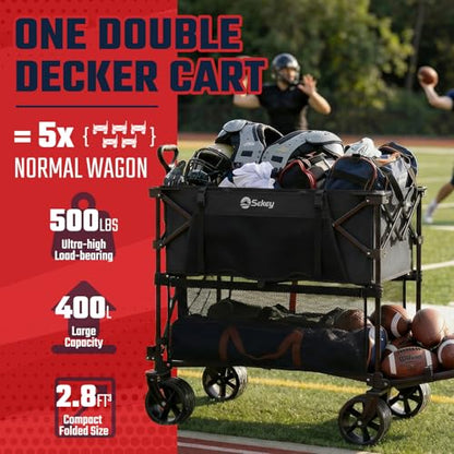 Sekey 500LBS Heavy Duty Double Decker Wagon with Extender, 400L Large Capacity Collapsible Garden Cart Fits 10x10 Canopy, All-Terrain Big Wheels with Brakes, Foldable Utility Wagon for Sports, Camping - color: Carbon Black