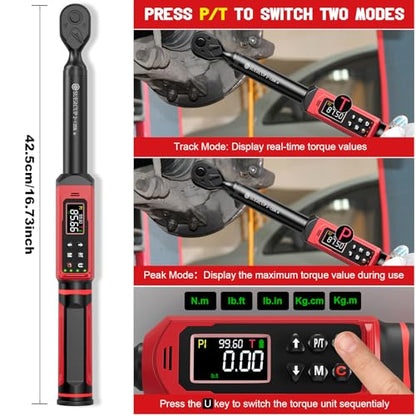 SUERCUP 3/8" Digital Torque Wrench, 1.5-99.6Ft.Lb, for Cars, Moto, Bikes | ±1% Accuracy, 2-135Nm Electronic Torque Wrench, Vibration/Buzzer/LED, 9 Presets & 5 Units, Spark Plugs, Engine & Suspension - size: 3/8" 1.5-99.6Ft.Lb/2-135N.m