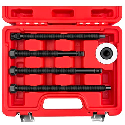 WETT Harmonic Balancer Installer Tool Set, 5-Piece Long Reach Crank Pulley Underdrive Damper Puller Installation Tool Kit, 4 threaded rods and 1 Bearing Press Hex Nut