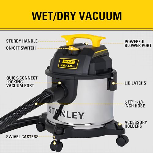 STANLEY 4 Gallon Wet Dry Vacuum, 4 Peak HP Stainless Steel 3 in 1 Shop Vacuum Blower with Powerful Suction, Vacuum for Job Site, Garage, Basement, Workshop, Top Handle, Portable Wet Dry Vac SL18301-4B - size: 4 Gallon, 4.0 HP